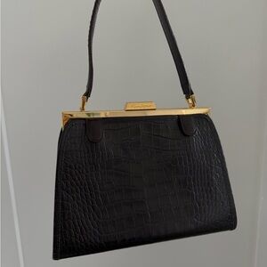 Vintage-Inspired Black Croc Leather Top-Handle Bag with Gold Frame